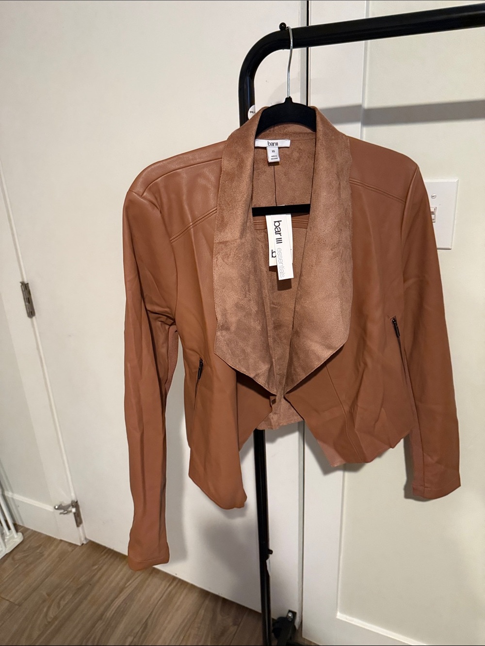 Bar III Cognac Brown Faux Leather Drape Jacket